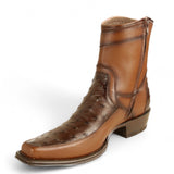 Los Altos Boots Boots Men's Genuine Ostrich Skin and Leather European Square Toe Short Boots With Zipper Faded Brown Color - Los Altos Boots