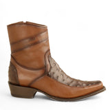 Los Altos Boots Boots Men's Genuine Ostrich Skin and Leather European Square Toe Short Boots With Zipper Faded Brown Color - Los Altos Boots