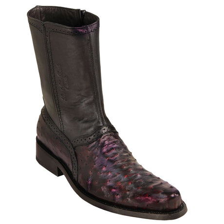 Los Altos Boots Boots Men's Genuine Ostrich Skin Round Toe Short Boots With Zipper Black Cherry Color - Los Altos Boots