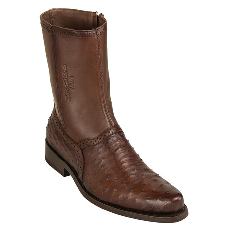 Los Altos Boots Boots Men's Genuine Ostrich Skin Round Toe Short Boots With Zipper Faded Brown Color - Los Altos Boots