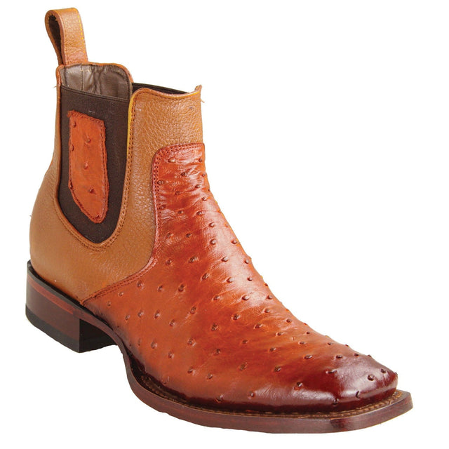 Los Altos Boots Boots Men´s Genuine Ostrich Skin Wide Square Toe Ankle Boots Faded Cognac Color - Los Altos Boots