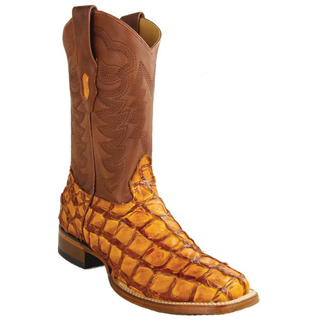 Los Altos Boots Boots Men's Genuine Piraruccu Skin Rodeo Wide Square Toe Boots Cognac Color - Los Altos Boots