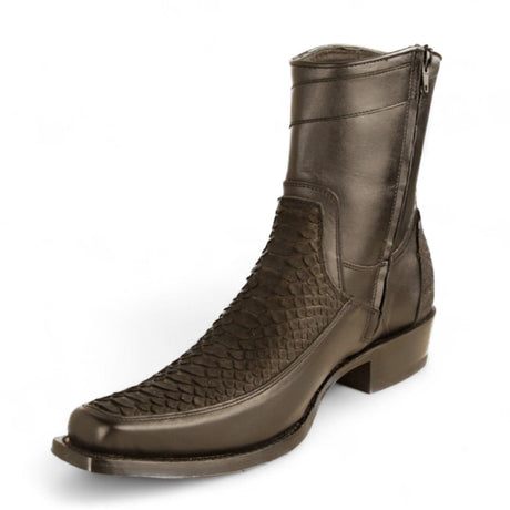 Los Altos Boots Boots Men's Genuine Python Skin and Leather European Square Toe Short Boots With Zipper Nobuck Black Color - Los Altos Boots
