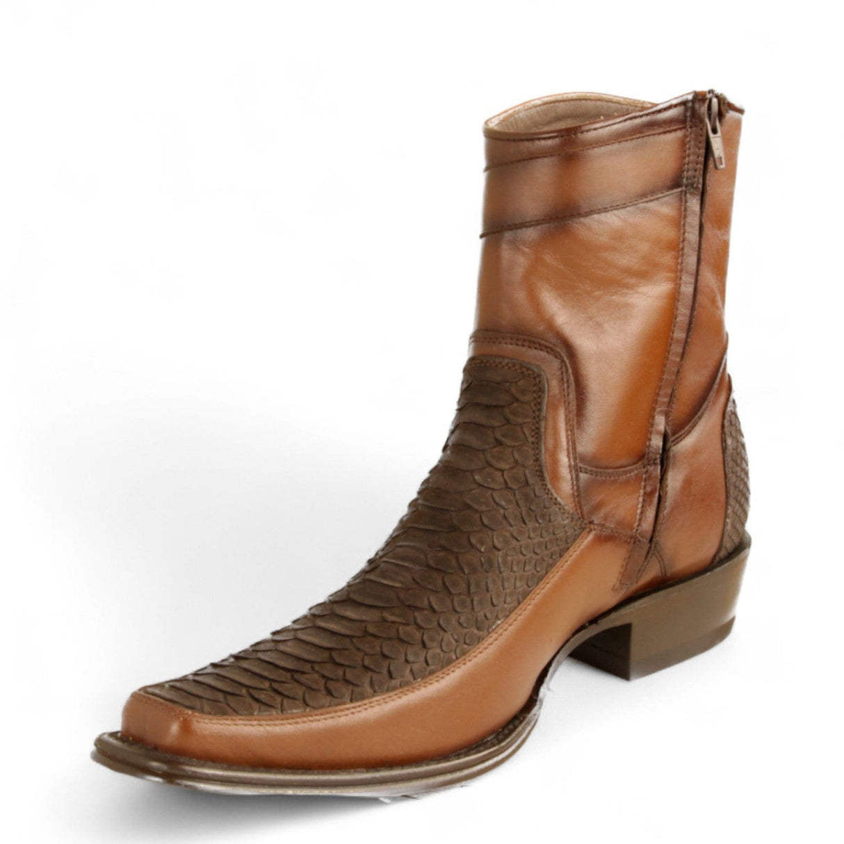 Los Altos Boots Boots Men's Genuine Python Skin and Leather European Square Toe Short Boots With Zipper Nobuck Brown Color - Los Altos Boots