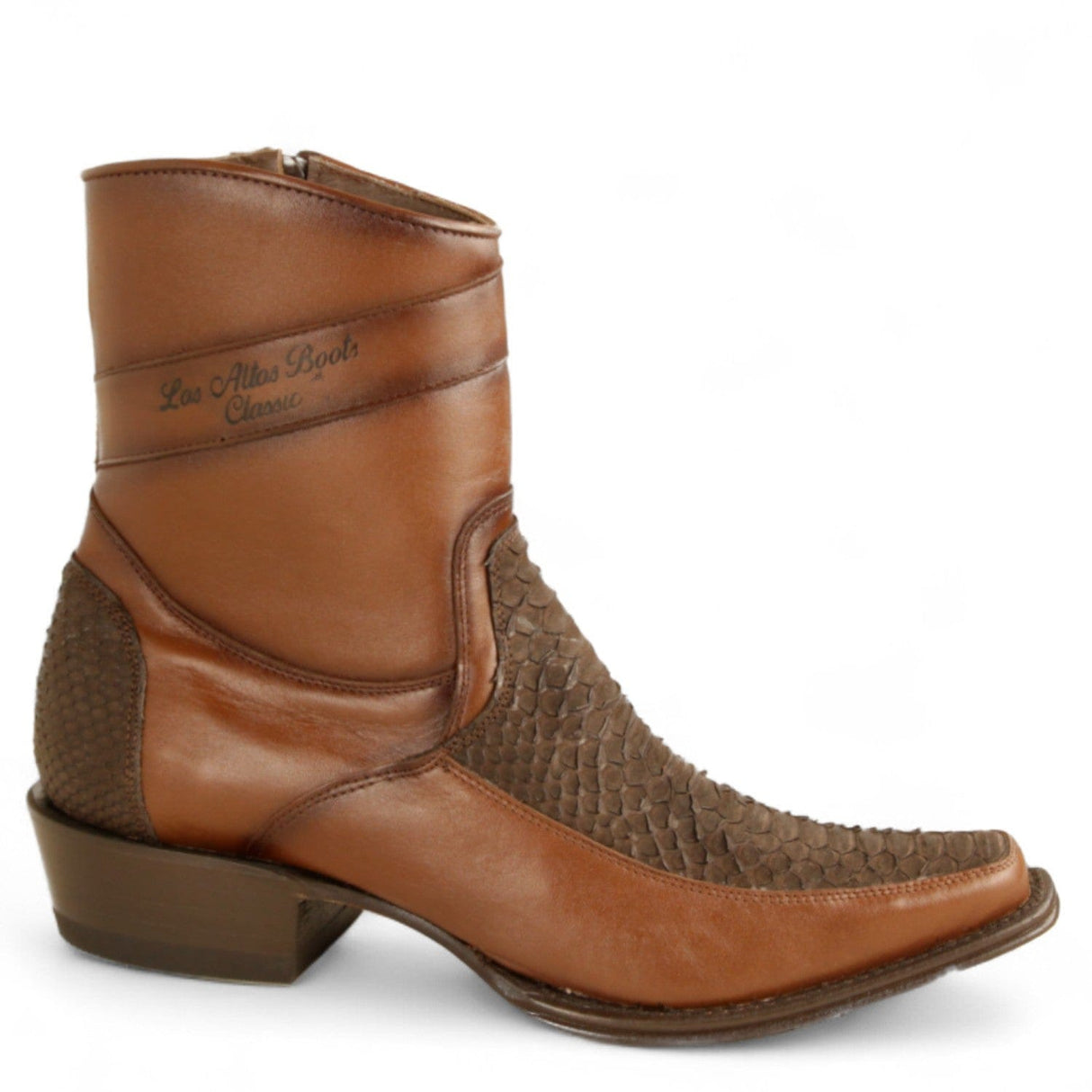 Los Altos Boots Boots Men's Genuine Python Skin and Leather European Square Toe Short Boots With Zipper Nobuck Brown Color - Los Altos Boots