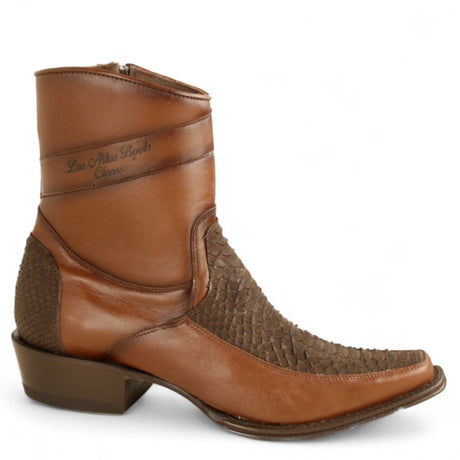 Los Altos Boots Boots Men's Genuine Python Skin and Leather European Square Toe Short Boots With Zipper Nobuck Brown Color - Los Altos Boots