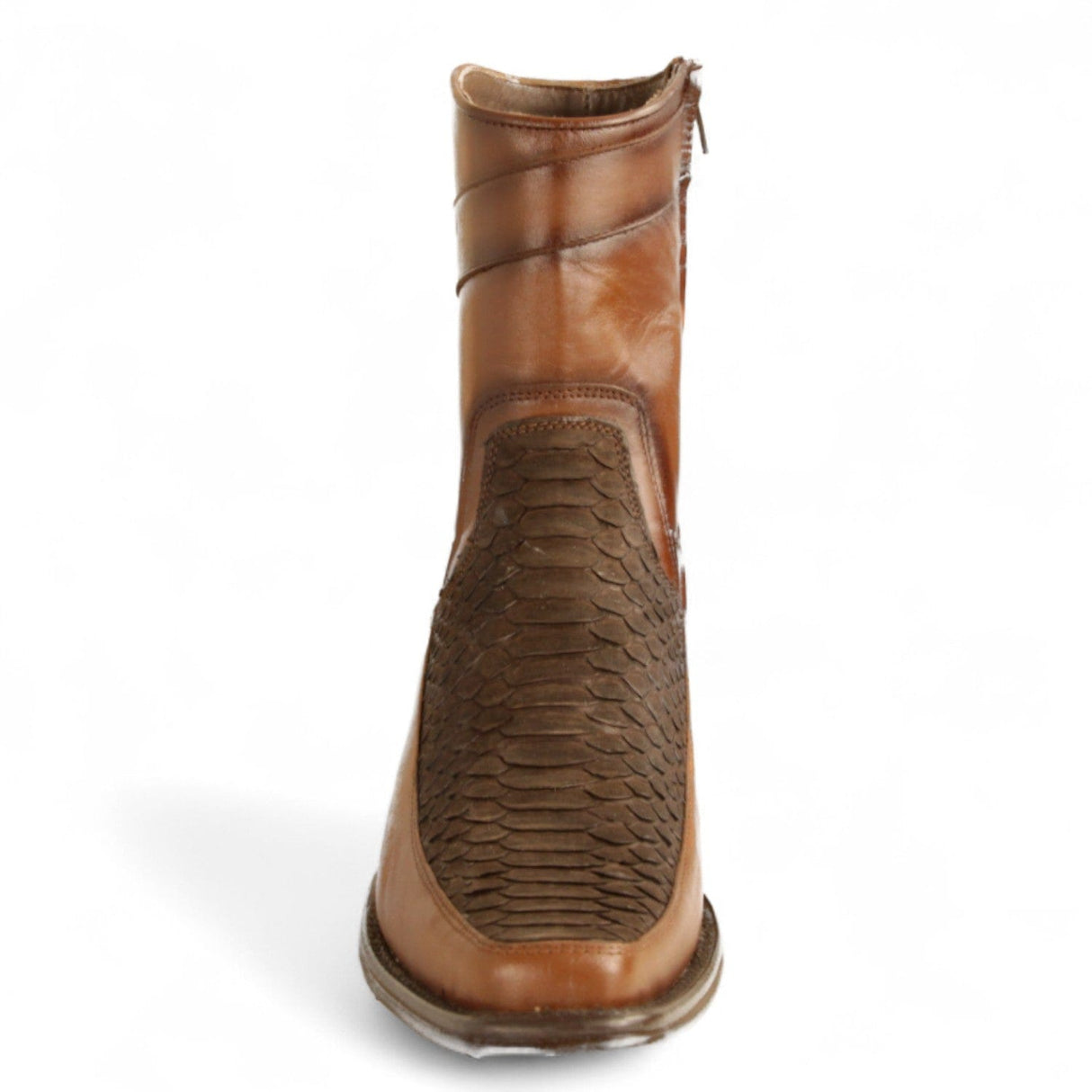 Los Altos Boots Boots Men's Genuine Python Skin and Leather European Square Toe Short Boots With Zipper Nobuck Brown Color - Los Altos Boots