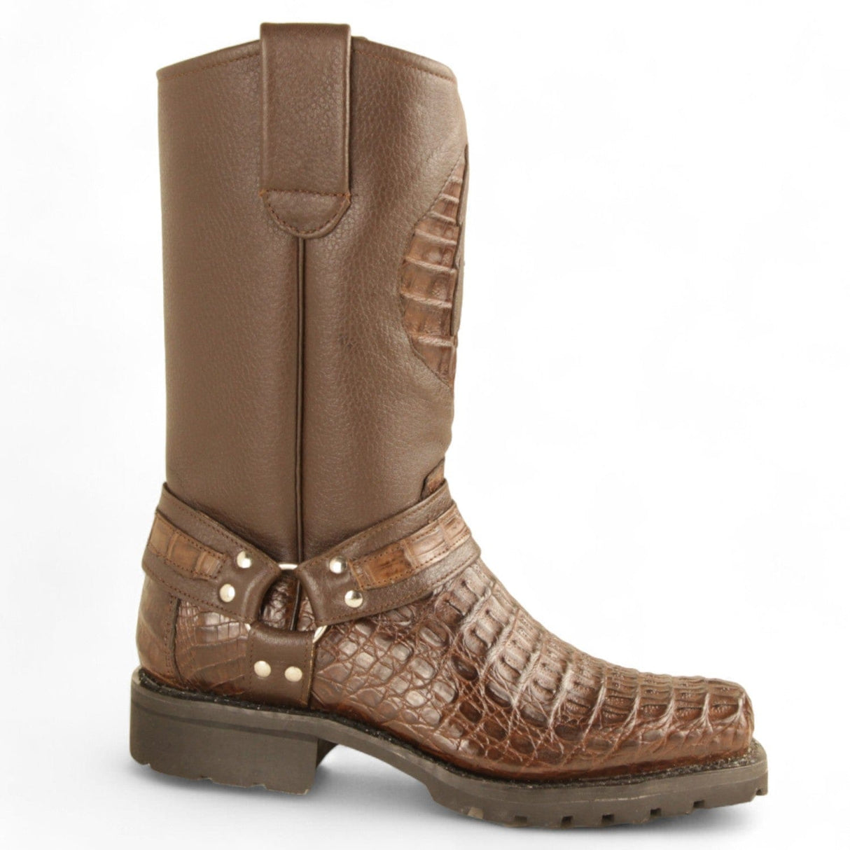 Los Altos Boots Boots Men's Genuine Smooth Caiman Skin Biker Boots Brown Color - Los Altos Boots