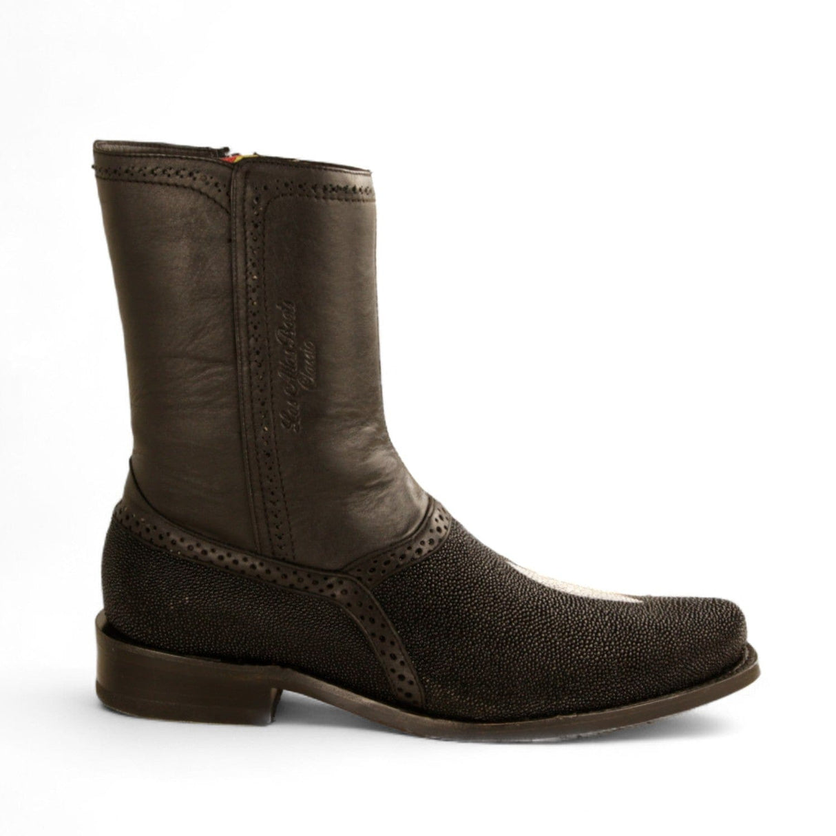 Los Altos Boots Boots Men's Genuine Stingray Single Stone Skin Round Toe Short Boots With Zipper Black Color - Los Altos Boots