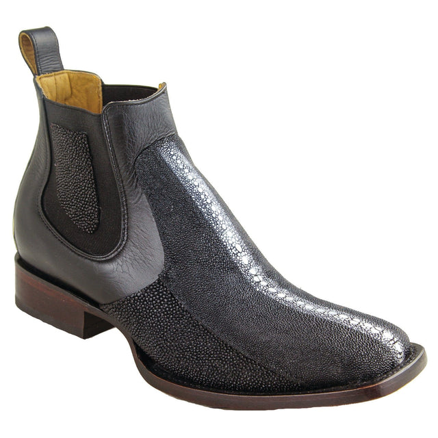 Los Altos Boots Boots Men´s Genuine Stingray Skin Row Stone Wide Square Toe Ankle Boots Black Color - Los Altos Boots