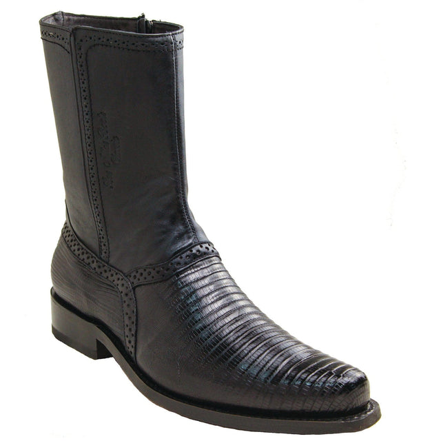 Los Altos Boots Boots Men's Genuine Teju Lizard Skin Round Toe Short Boots With Zipper Black Color - Los Altos Boots