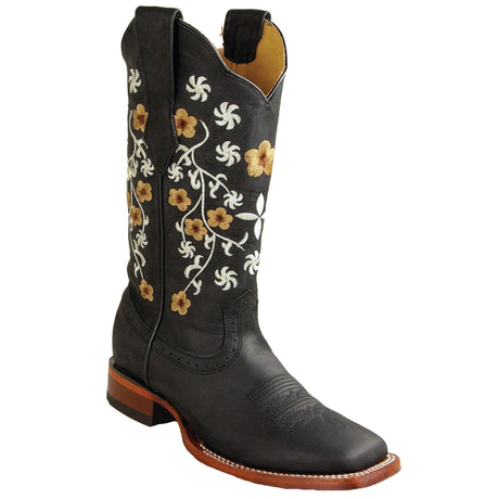 Los Altos Boots Boots Women's Genuine Crazy Leather Wide Square Toe Boots Black Color - Los Altos Boots