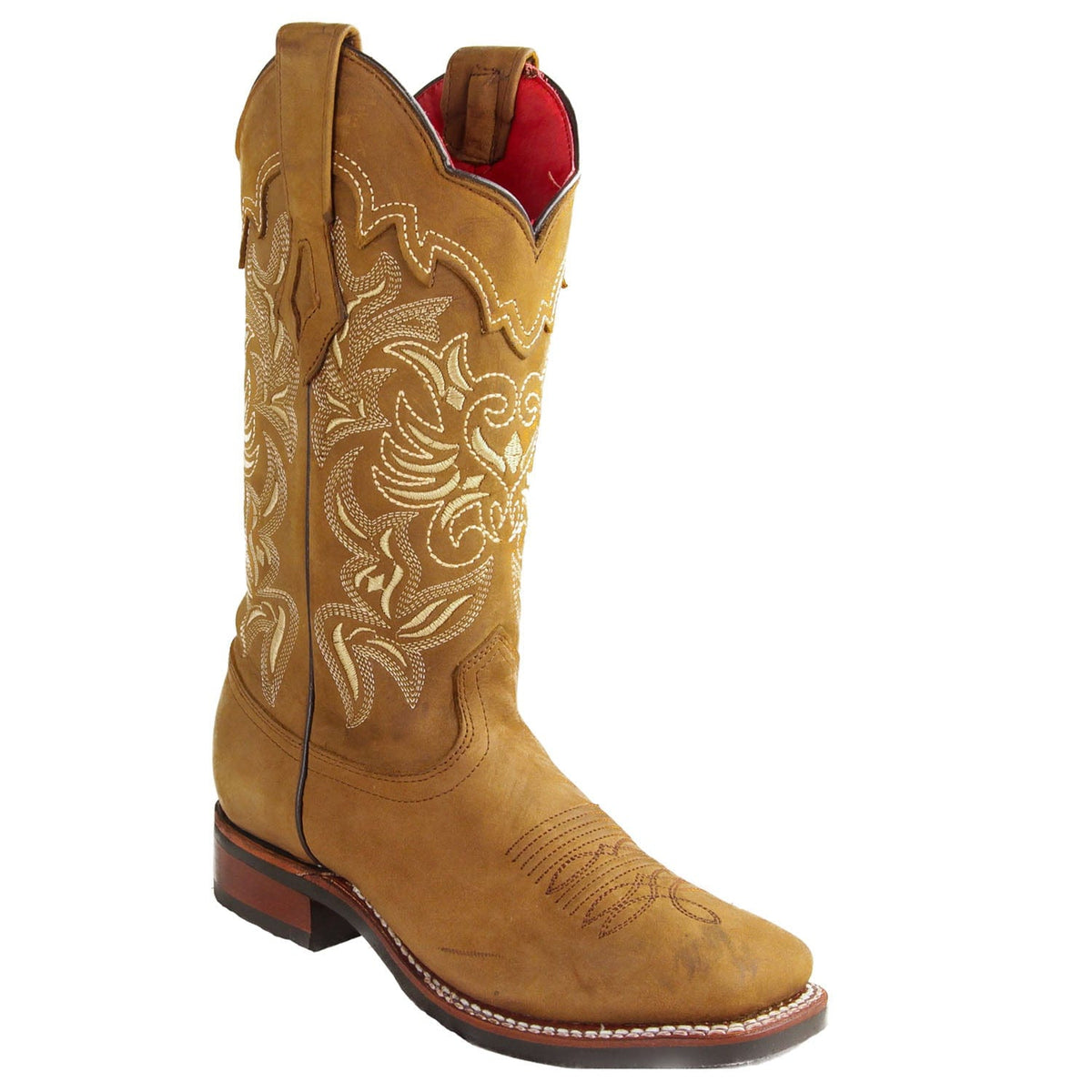 Women's Genuine Crazy Leather Wide Square Toe Boots Tan Color - Los Al ...