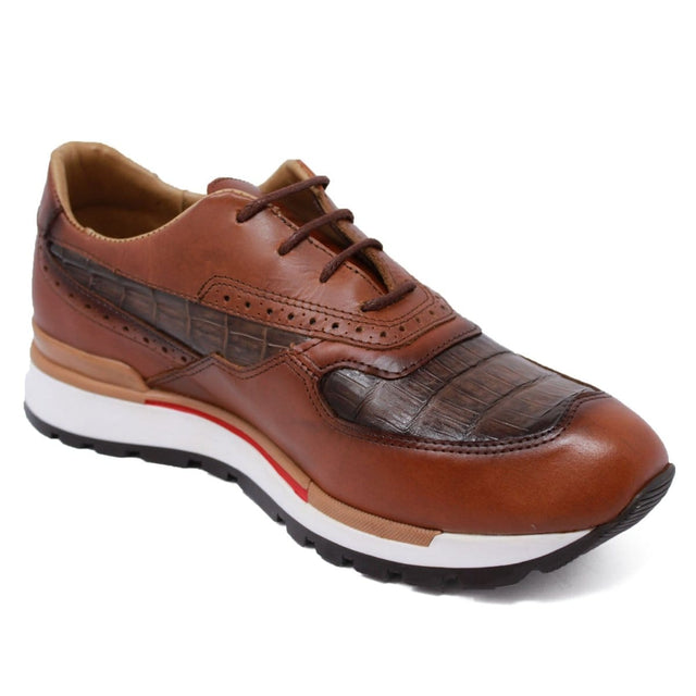 Los Altos Boots Shoes Men's Genuine Caiman Belly Skin and Leather Tennis Casual Shoes Faded Brown Color - Los Altos Boots