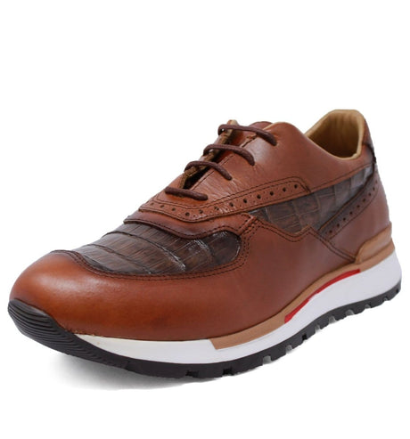 Los Altos Boots Shoes Men's Genuine Caiman Belly Skin and Leather Tennis Casual Shoes Faded Brown Color - Los Altos Boots