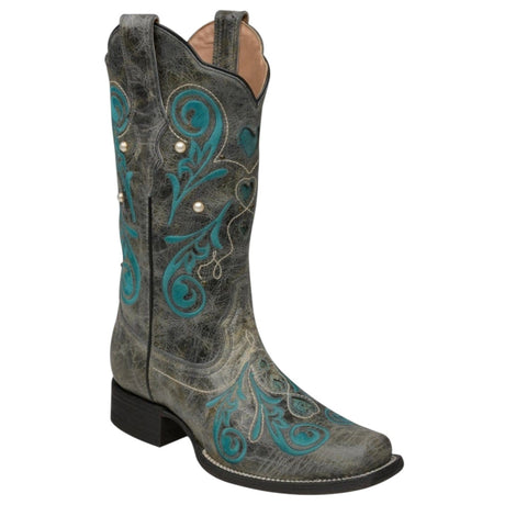Rudel & Co. Boots Women's Genuine Leather Square Toe Boots Gray and Turquoise Color- Ive West