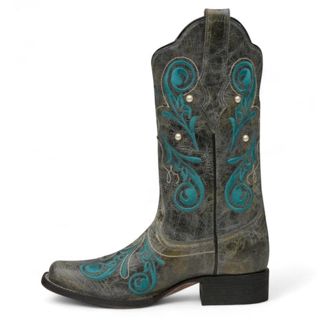 Rudel & Co. Boots Women's Genuine Leather Square Toe Boots Gray and Turquoise Color- Ive West