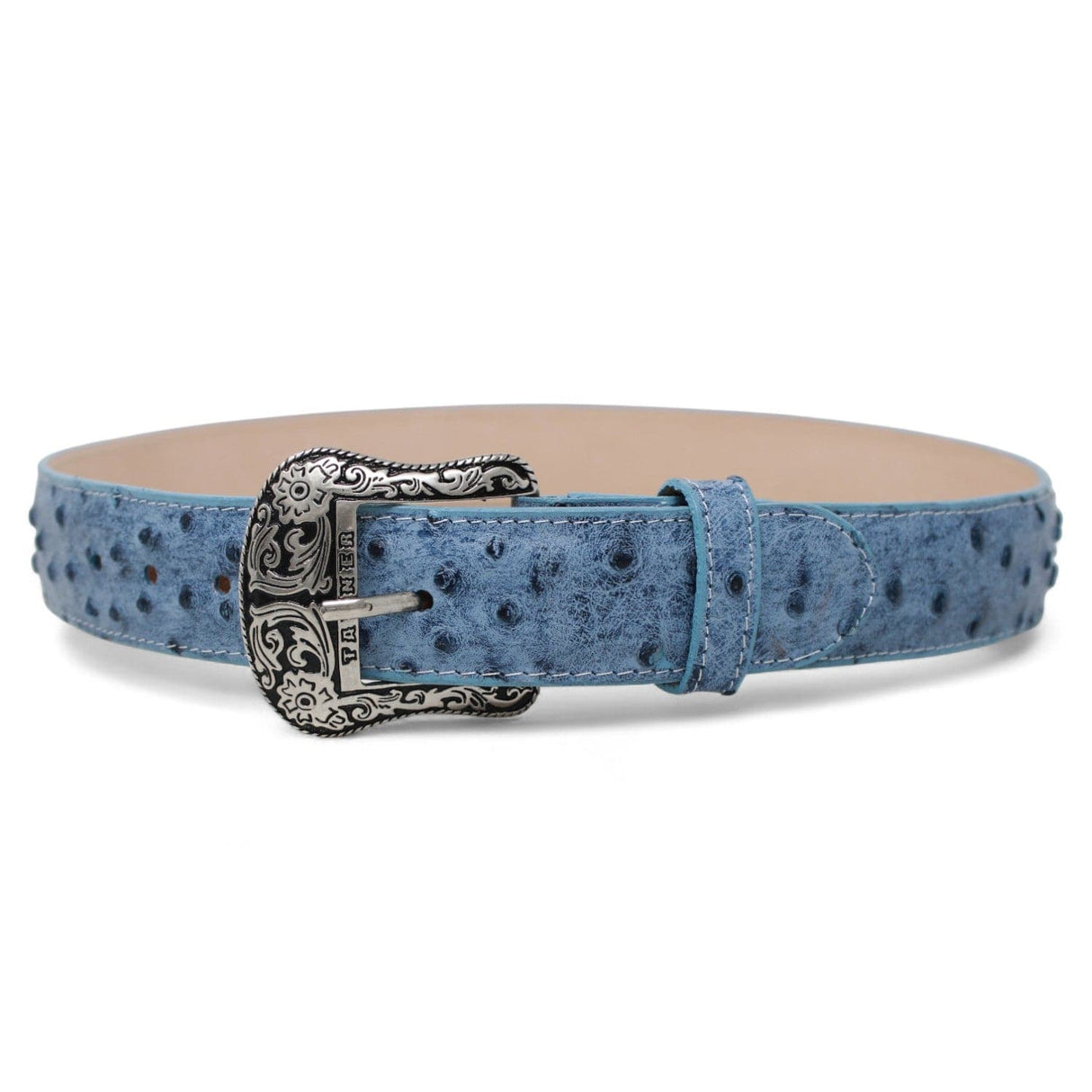 Tanner Mark Boots Belts Cinturón de Piel Genuina con Estampado de Avestruz y Hebilla Metálica Texas