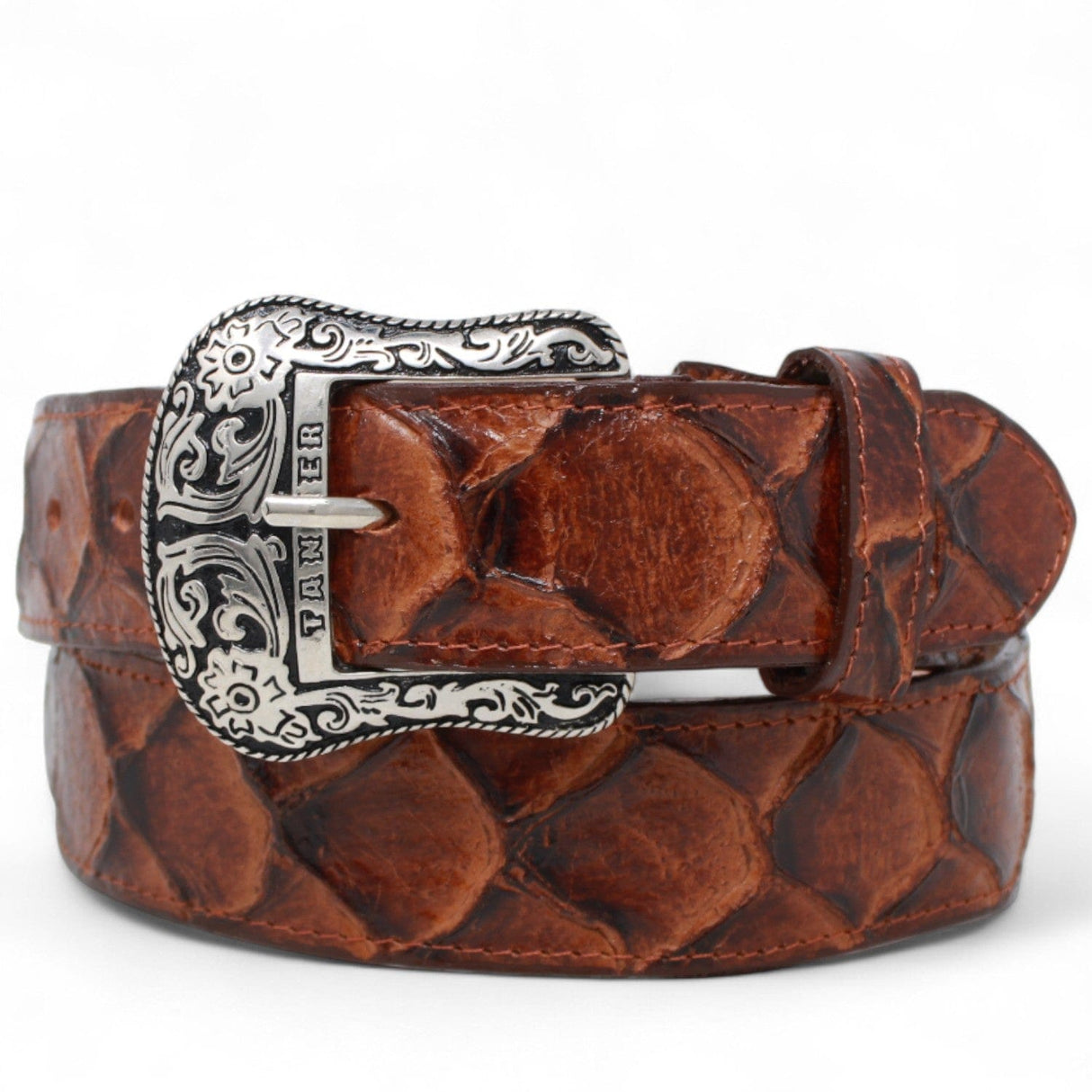 Tanner Mark Boots Belts Cinturón de Piel Genuina con Estampado de Pirarucu y Hebilla Metálica Texas Cognac
