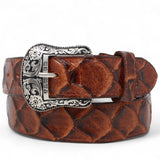 Tanner Mark Boots Belts Cinturón de Piel Genuina con Estampado de Pirarucu y Hebilla Metálica Texas Cognac