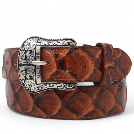 Tanner Mark Boots Belts Cinturón de Piel Genuina con Estampado de Pirarucu y Hebilla Metálica Texas Cognac