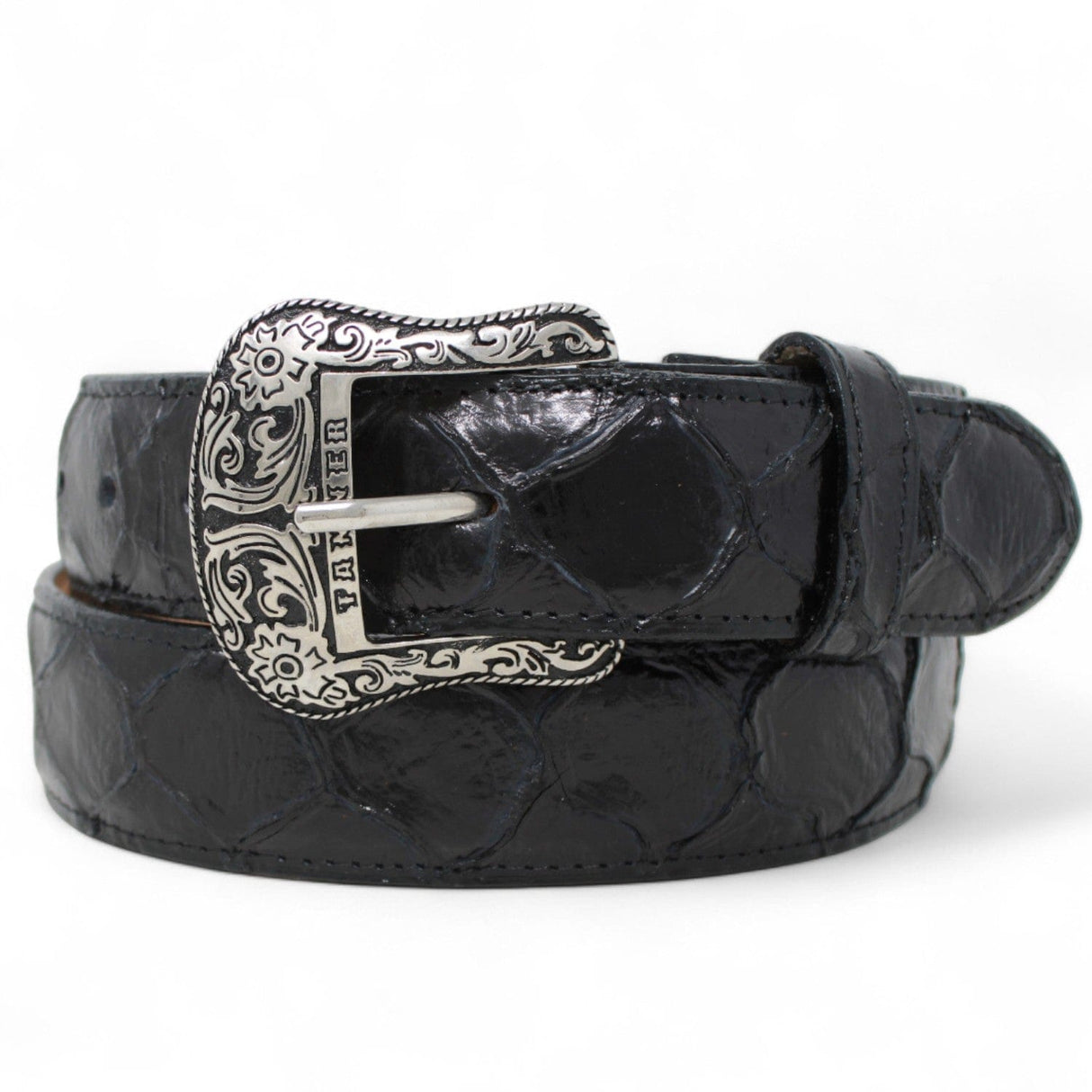 Tanner Mark Boots Belts Cinturón de Piel Genuina con Estampado de Pirarucu y Hebilla Metálica Texas Negro