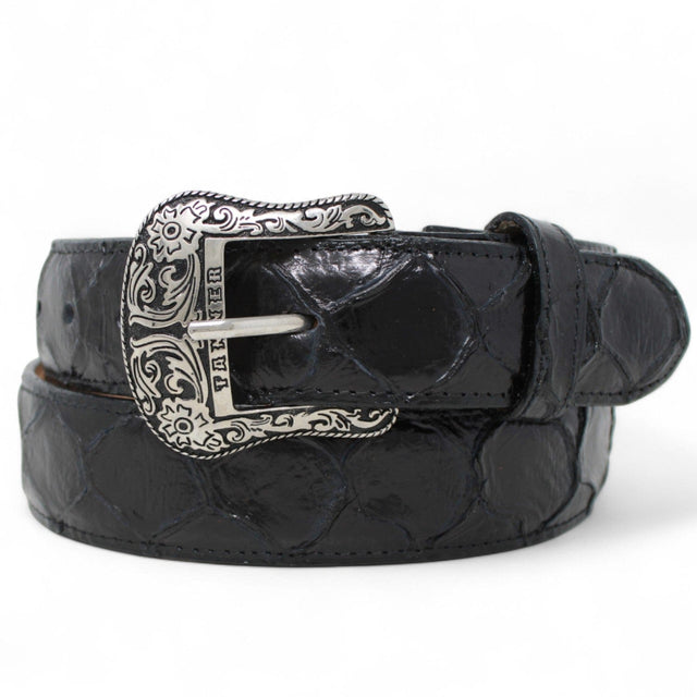 Tanner Mark Boots Belts Cinturón de Piel Genuina con Estampado de Pirarucu y Hebilla Metálica Texas Negro