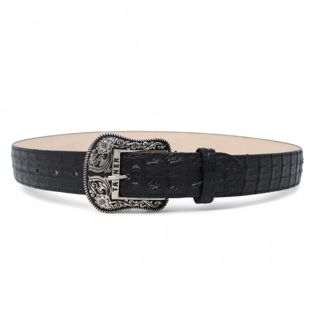 Tanner Mark Boots Belts Genuine Leather Caiman Hornback Print Texas Metal Buckle Belt Black Color - Tanner Mark Boots