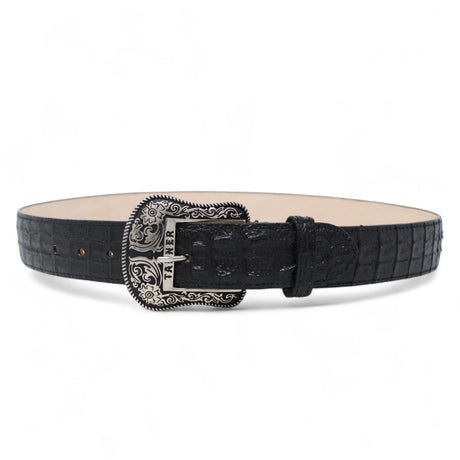 Tanner Mark Boots Belts Genuine Leather Caiman Hornback Print Texas Metal Buckle Belt Black Color - Tanner Mark Boots