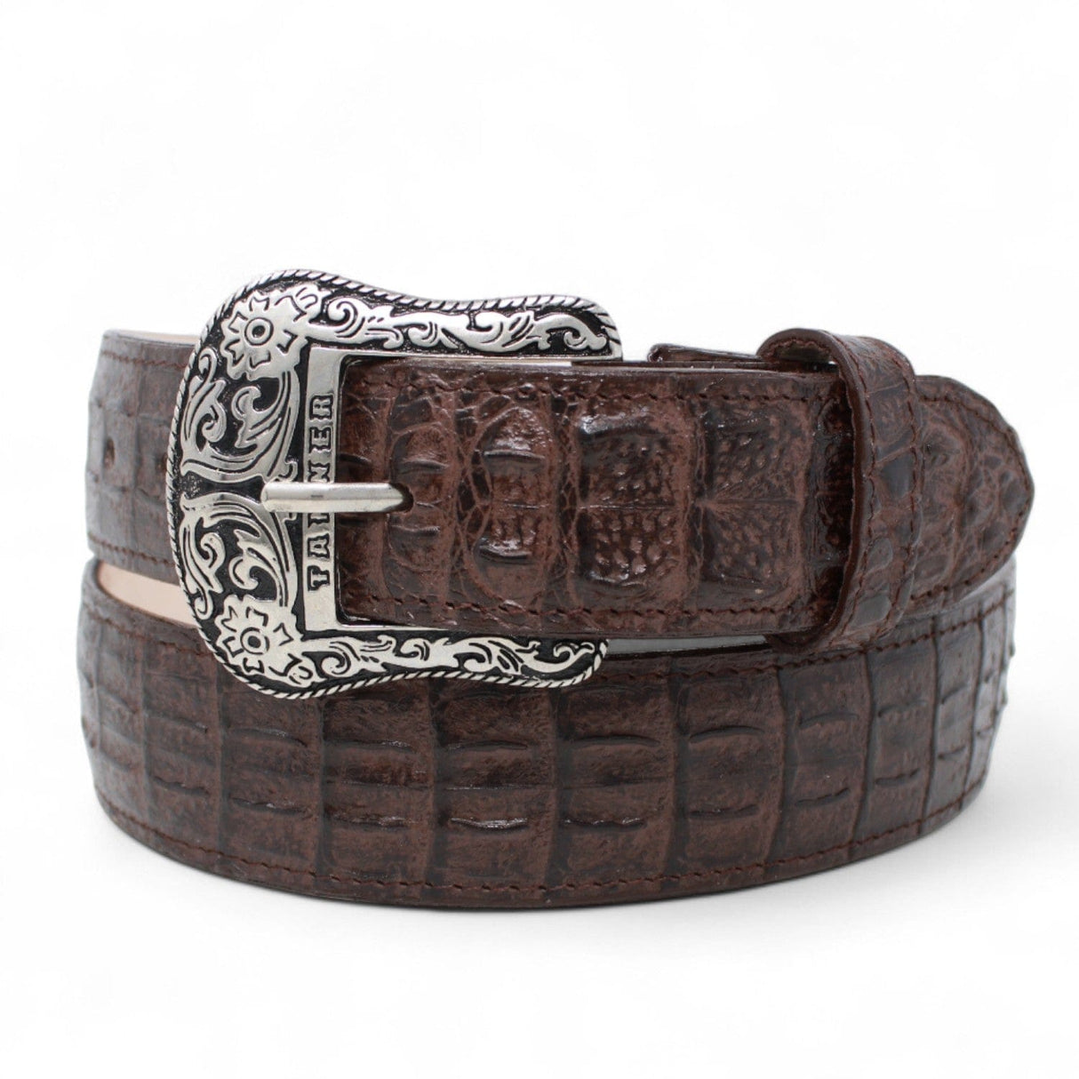 Tanner Mark Boots Belts Genuine Leather Caiman Hornback Print Texas Metal Buckle Belt Brown Color - Tanner Mark Boots