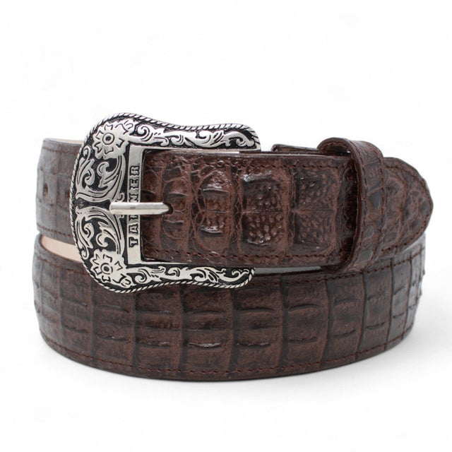 Tanner Mark Boots Belts Genuine Leather Caiman Hornback Print Texas Metal Buckle Belt Brown Color - Tanner Mark Boots