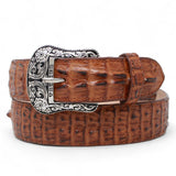 Tanner Mark Boots Belts Genuine Leather Caiman Hornback Print Texas Metal Buckle Belt Cognac Color - Tanner Mark Boots