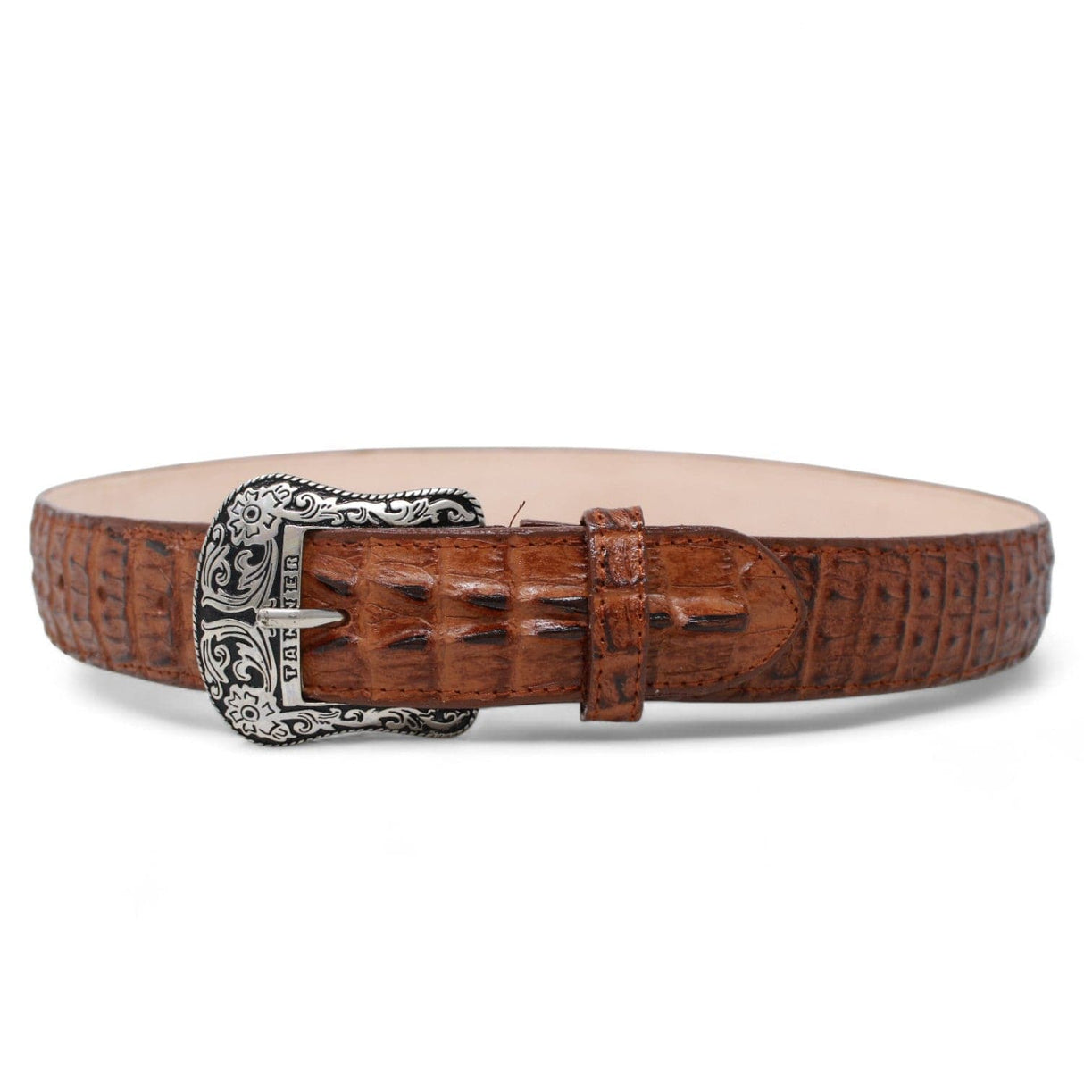 Tanner Mark Boots Belts Genuine Leather Caiman Hornback Print Texas Metal Buckle Belt Cognac Color - Tanner Mark Boots