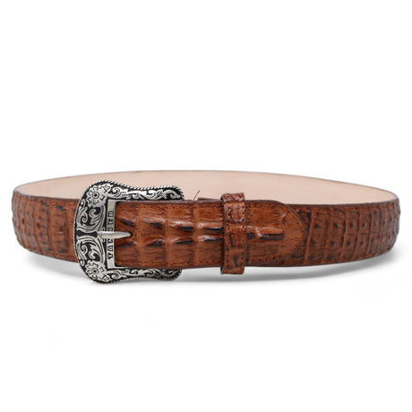 Tanner Mark Boots Belts Genuine Leather Caiman Hornback Print Texas Metal Buckle Belt Cognac Color - Tanner Mark Boots
