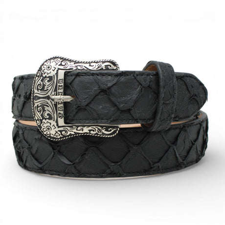 Tanner Mark Boots Belts Genuine Pirarucu Skin Texas Metal Buckle Belt Matte Black Color - Tanner Mark Boots