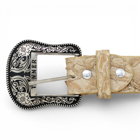 Tanner Mark Boots Belts Genuine Pirarucu Skin Texas Metal Buckle Belt Matte Sand Color - Tanner Mark Boots