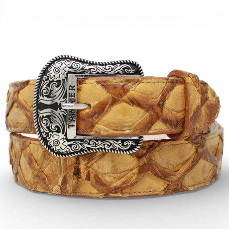 Tanner Mark Boots Belts Genuine Pirarucu Skin Texas Metal Buckle Belt Oryx Color - Tanner Mark Boots