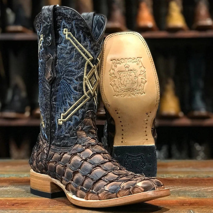 Tanner Mark Boots Boots 6.5 Tanner Mark Men's Chochise Genuine Monster Fish Square Toe Boots Brown TMX208018