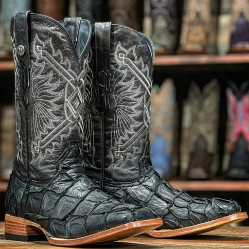 Tanner Mark Boots Boots 6.5 Tanner Mark Men's Genuine Monster Leather Fish Square Toe Boots Black TMX208004