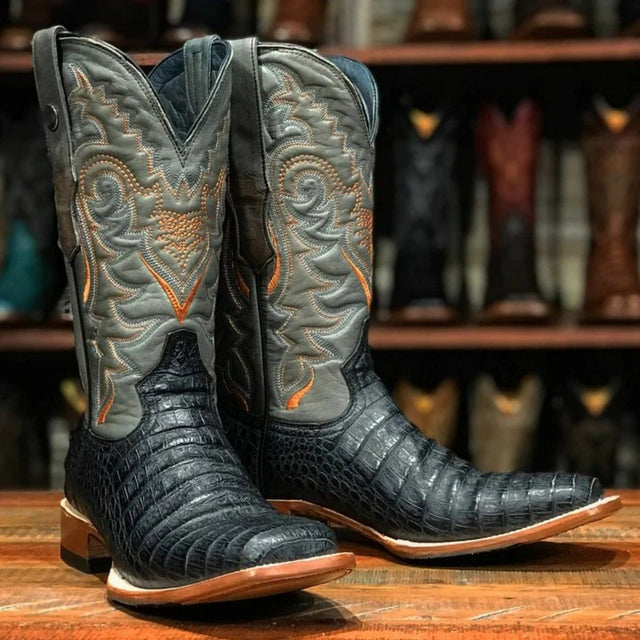 Tanner Mark Boots Boots 6.5 Tanner Mark Men's Wheeler Print Caiman Belly Square Toe Boots Black TM207030