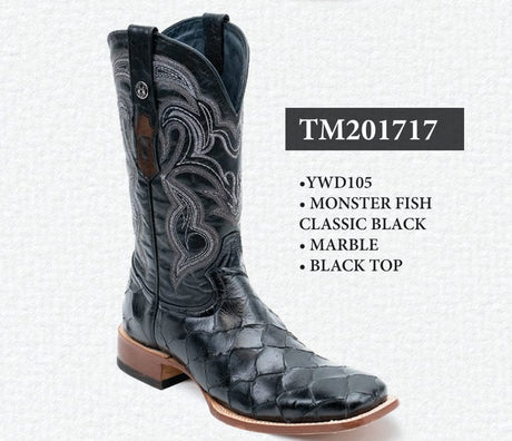 Tanner Mark Boots Boots Black / 6 Tanner Mark Men's Print Monster Fish Square Toe Boots Classic Black TM201717