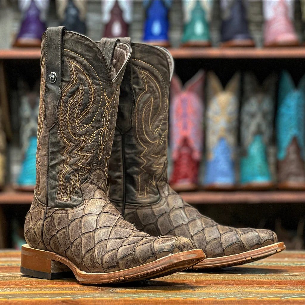 Tanner Mark Boots Boots Brown / 6 Tanner Mark Men's Print Monster Fish Square Toe Boots Brown TM205558