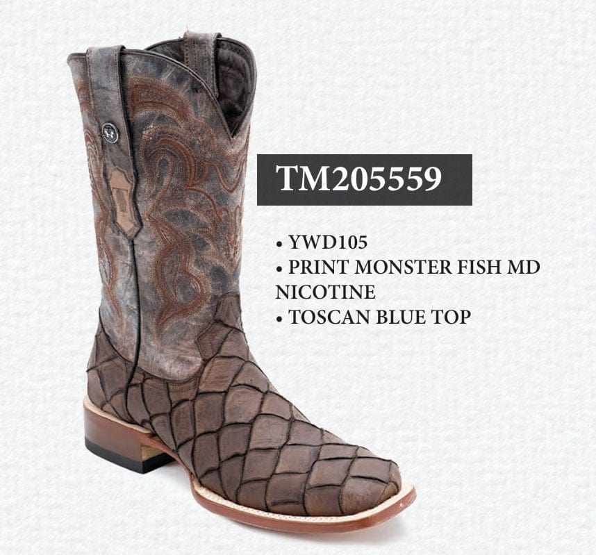 Tanner Mark Boots Boots Brown / 6 Tanner Mark Men's Print Monster Fish Square Toe Boots Nicotine TM205559