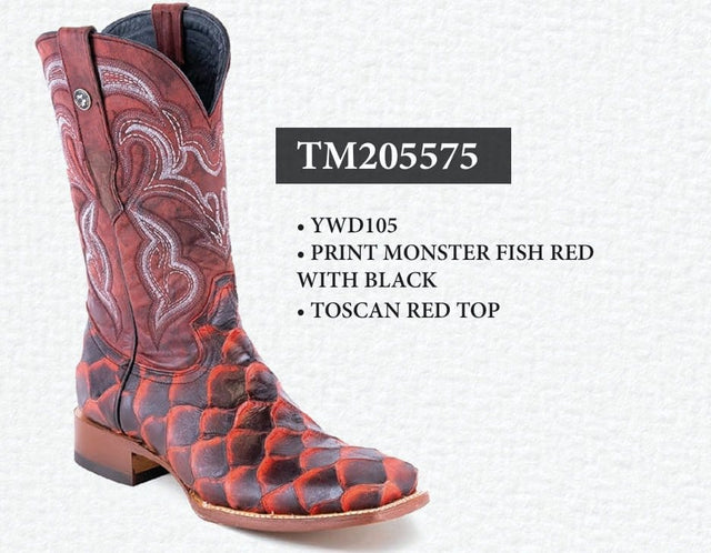 Tanner Mark Boots Boots Red / 6 Tanner Mark Men's Print Monster Fish Square Toe Boots Red with Black TM205575