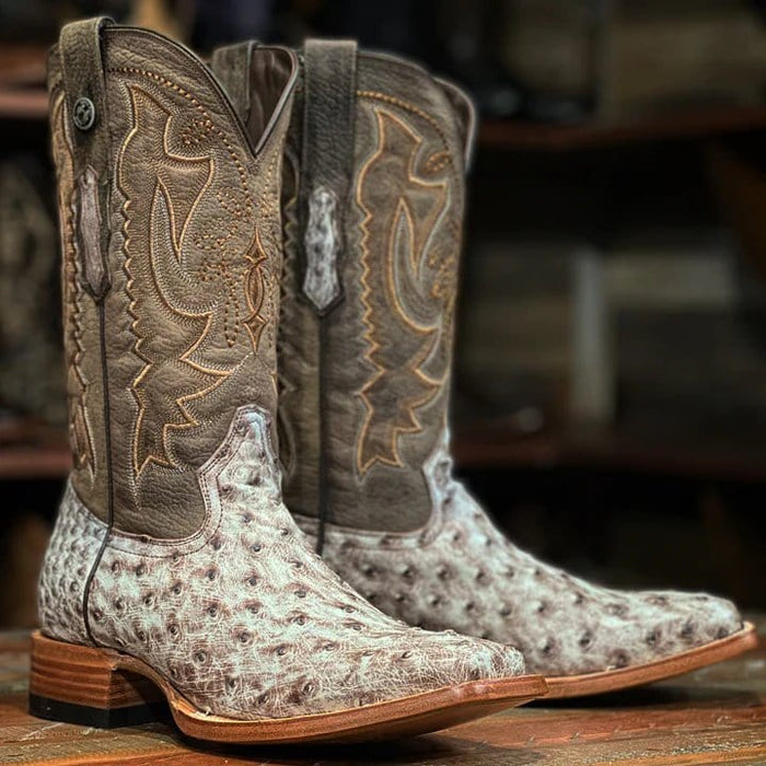 Tanner Mark Boots Boots Tanner Mark Men's "Bois D'Arc" Full Quill Ostrich Square Toe Boots Light Brown TMX208010