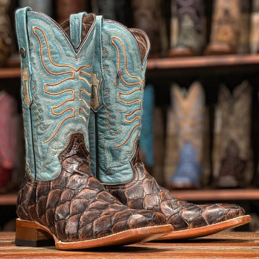 Tanner Mark Boots Boots Tanner Mark Men's Bozeman Print Monster Fish Square Toe Boots Brown TM205540