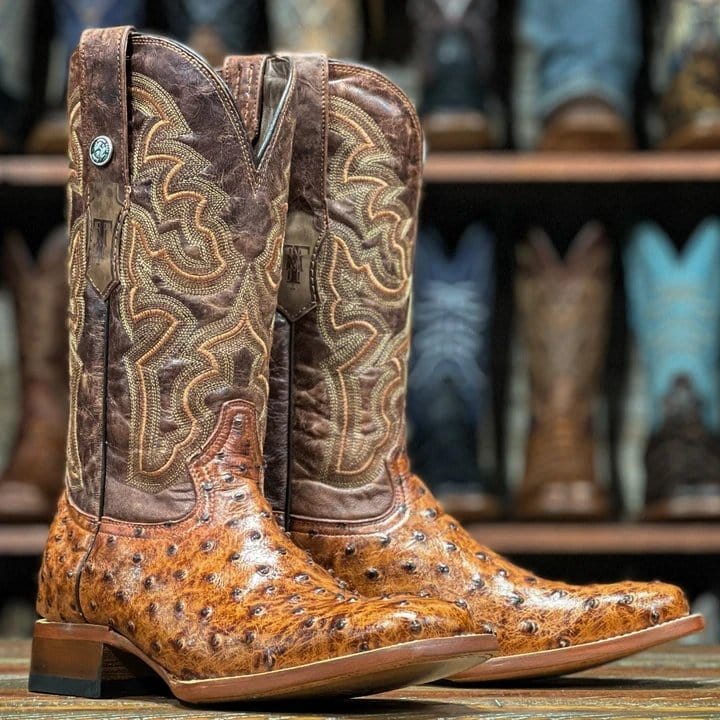 Tanner Mark Boots Boots Tanner Mark Men's Broken Arrow Print Ostrich Square Toe Boots Cognac 200961