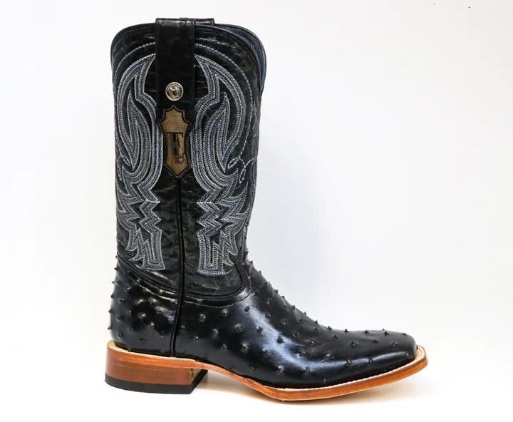 Tanner Mark Boots Boots Tanner Mark Men's Checotah Print Ostrich Square Toe Boots Black TM200963