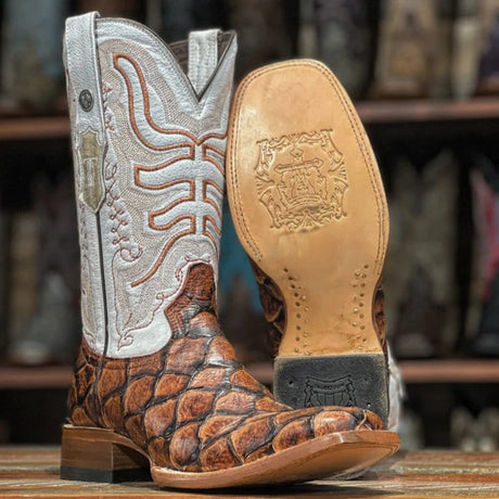 Tanner Mark Boots Boots Tanner Mark Men's Dillon Print Monster Fish Square Toe Boots Cognac TM205539