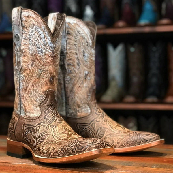 Tanner Mark Men's Gentry Hand Tooled Square Toe Boots Mocha